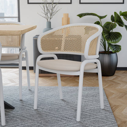 Ervilla Modern Dining Chair with White Powder Coated Steel Legs and Wicker Back