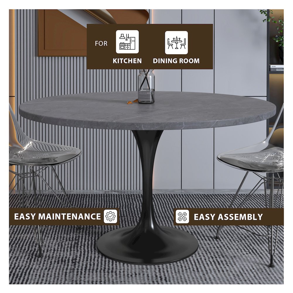 Verve Collection 48 Round Dining Table, Black Base with Sintered Stone Grey Top