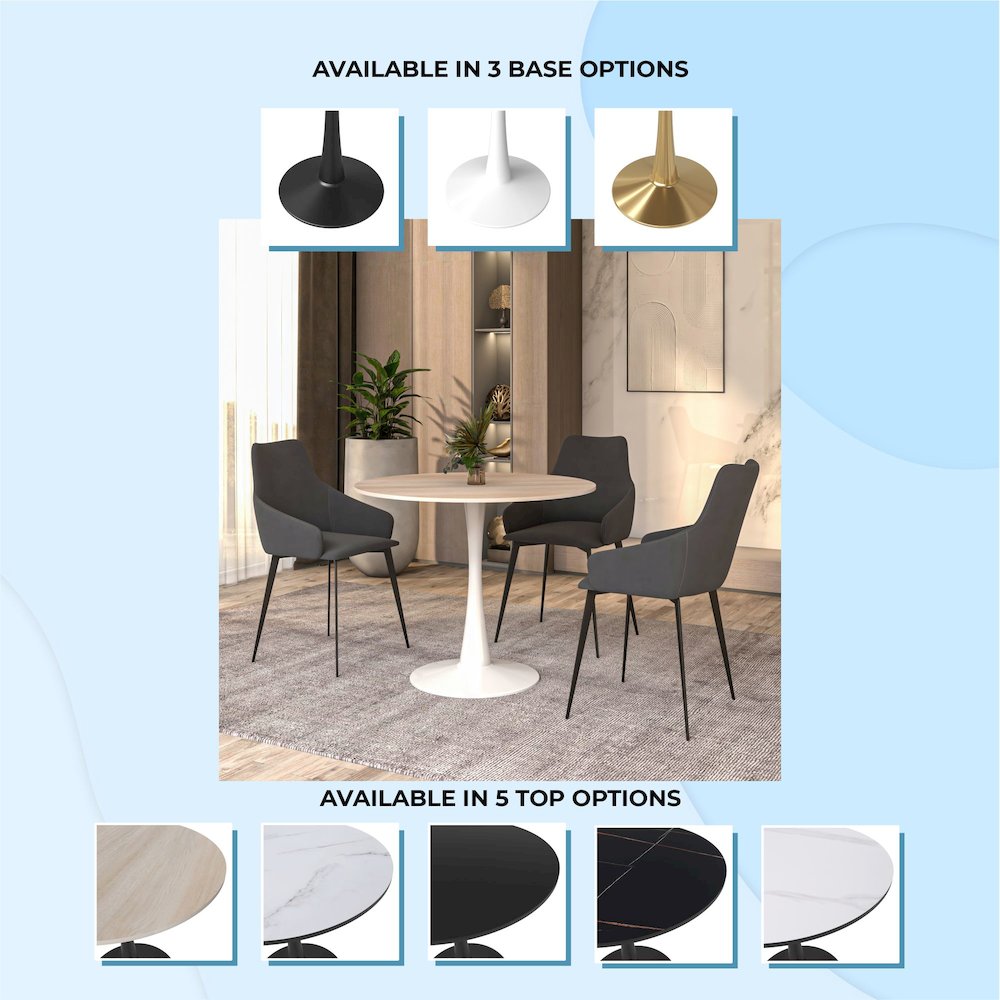 Bristol 35" Round Dining Table White Base with Sintered Stone Natural Wood Top