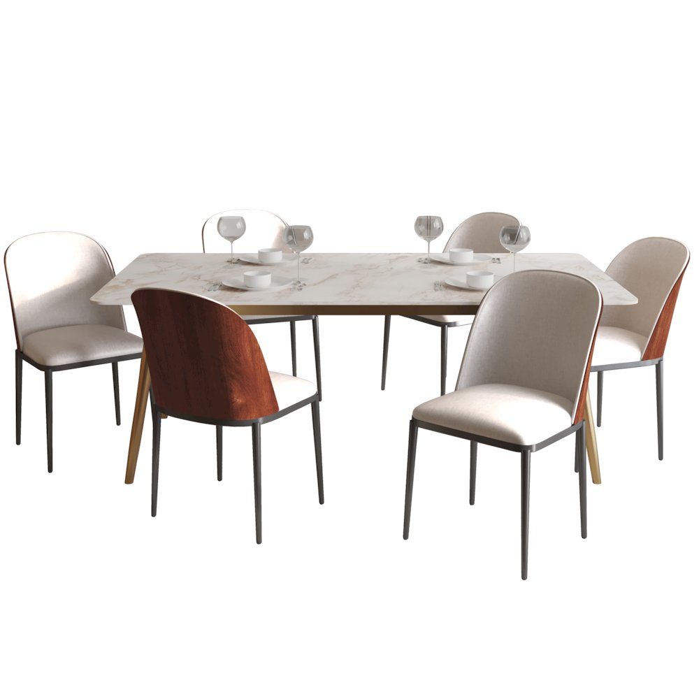 Zayle 7-Piece Dining Set with 55" Rectangular Dining Side Chair in Walnut/Beige