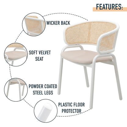 Ervilla Modern Dining Chair with White Powder Coated Steel Legs and Wicker Back
