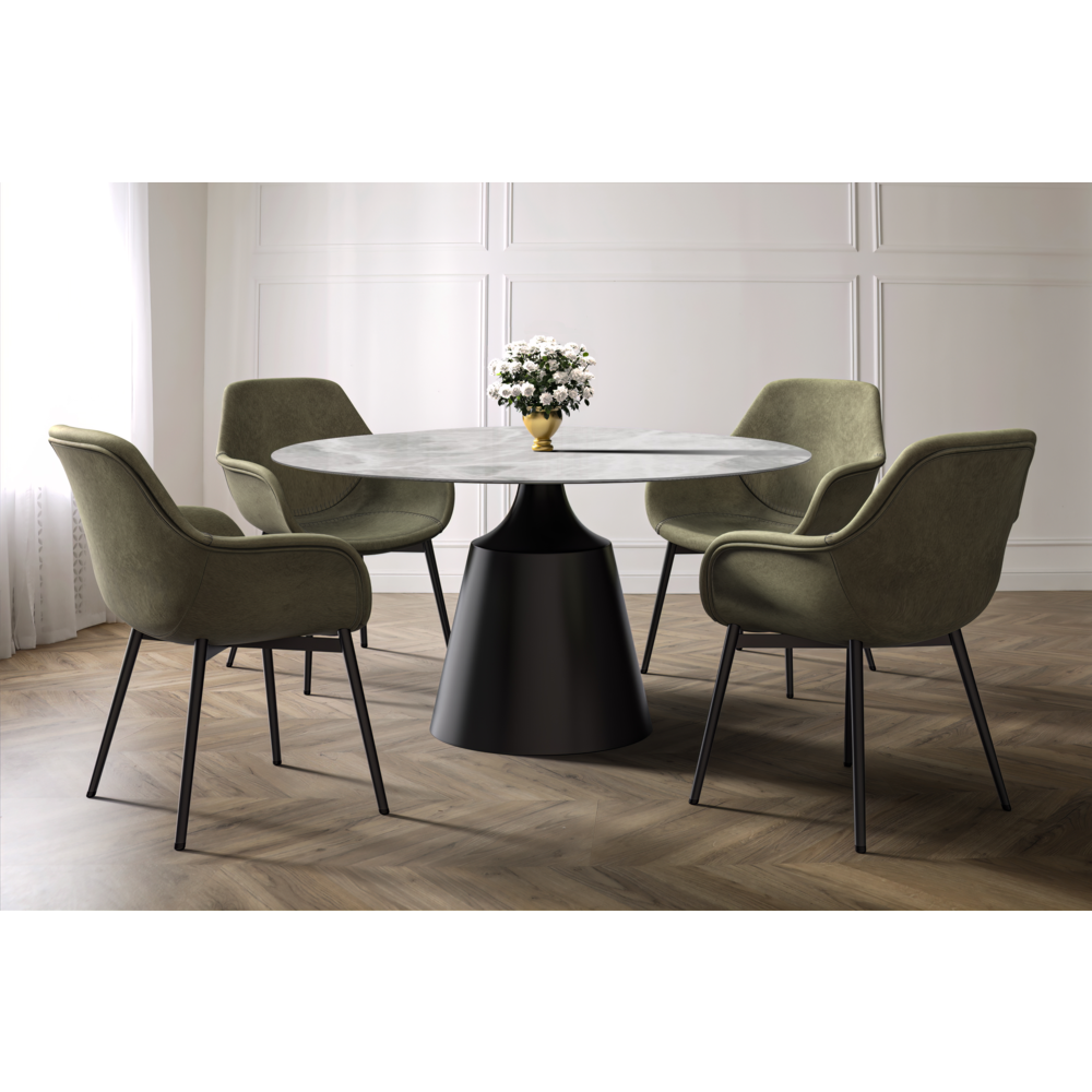 Round Dining Table Black Base with 60 Round Light Grey Sintered Stone Top
