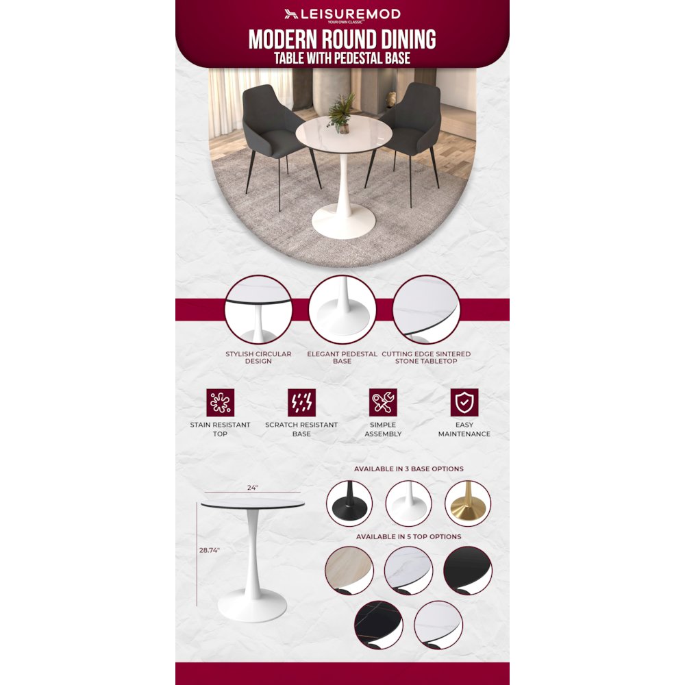 Bristol Series Dining Table White Base With White Stone 24" Round Top