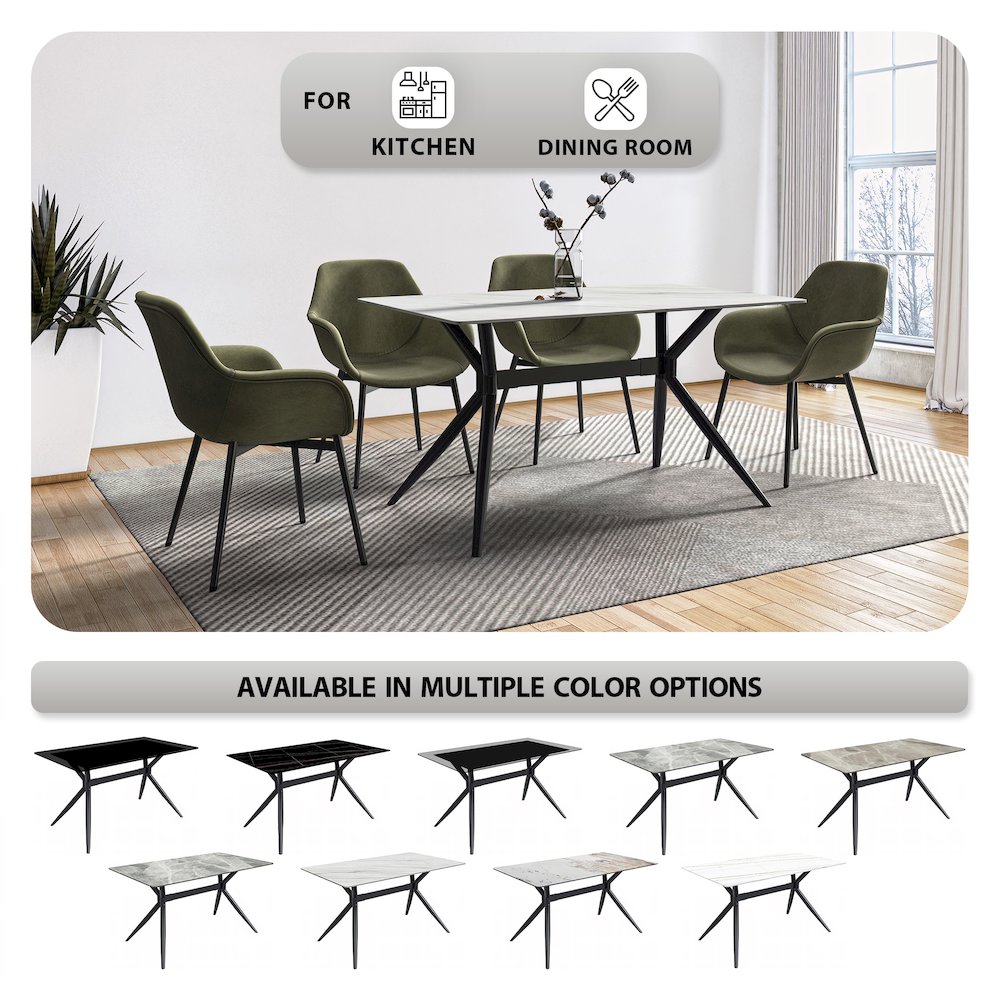 Elega Series Black Carbon Steel Dining Table 62 With White Sintered Stone Top
