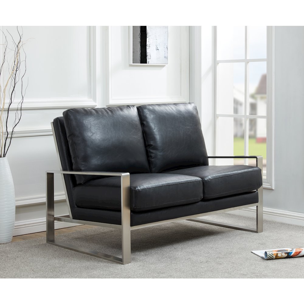 Jefferson Contemporary Modern Faux Leather Loveseat With Silver Frame