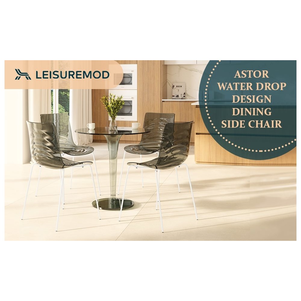 Astor Water Ripple Design Dining Chair in White Base Trans Black Seat Set of 4