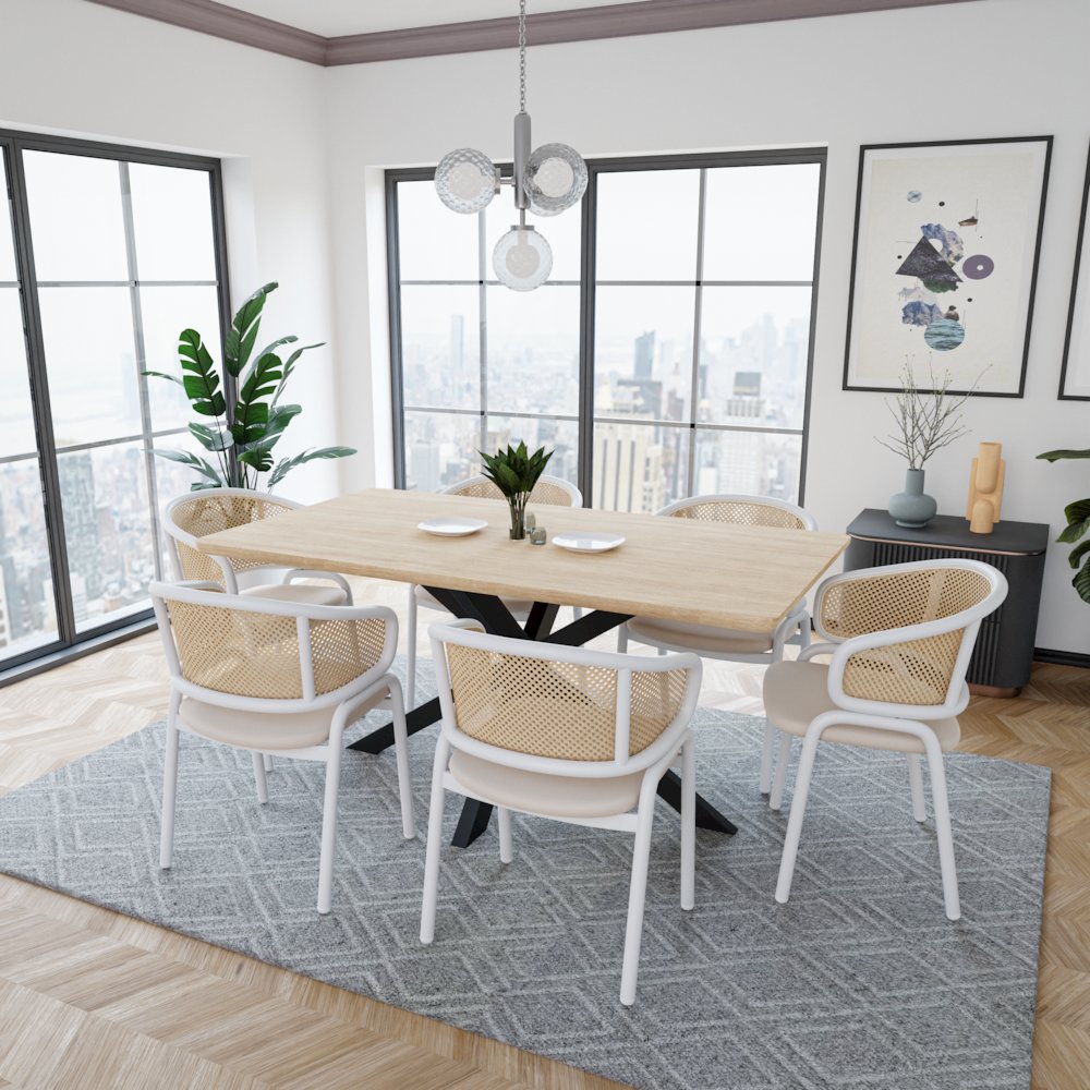 Ervilla Modern Dining Chair with White Powder Coated Steel Legs and Wicker Back