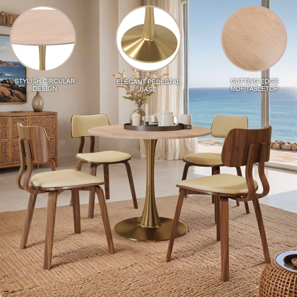 Bristol 27" Round Dining Table Gold Base with Sintered Stone Natural Wood Top