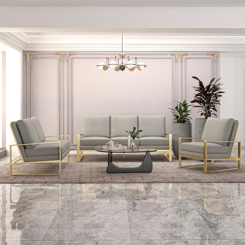 Jefferson Velvet 3-Piece Living Room Sofa Set With Elegant Gold Frame Light Grey