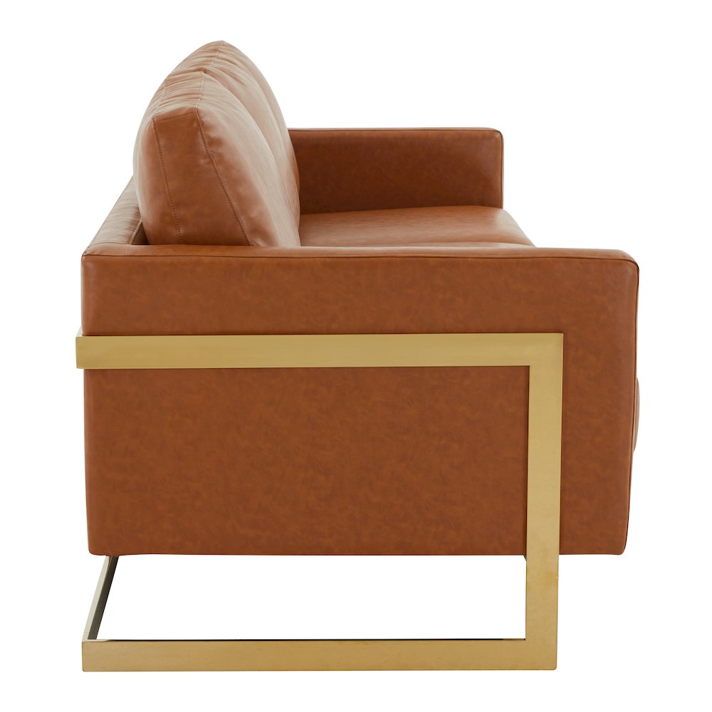 Lincoln Modern Mid-Century Upholstered Leather Sofa with Gold Frame