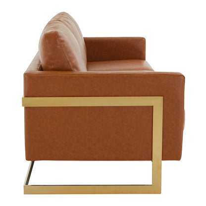 Lincoln Modern Mid-Century Upholstered Leather Sofa with Gold Frame