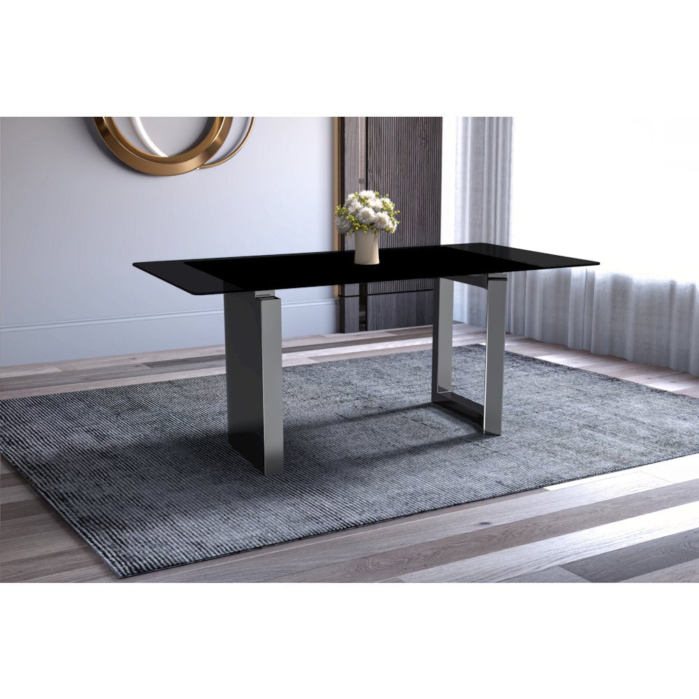 Astra Series Modern Dining Table Stainless Steel Base, With 55" Black Glass Top