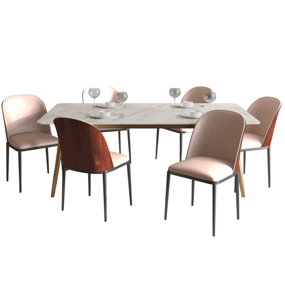 Zayle 7-Piece Dining Set with 55" Dining Side Chair in Walnut/Light Brown