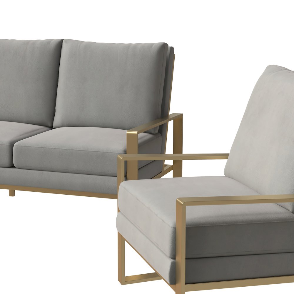 Jefferson Velvet 3-Piece Living Room Sofa Set With Elegant Gold Frame Light Grey