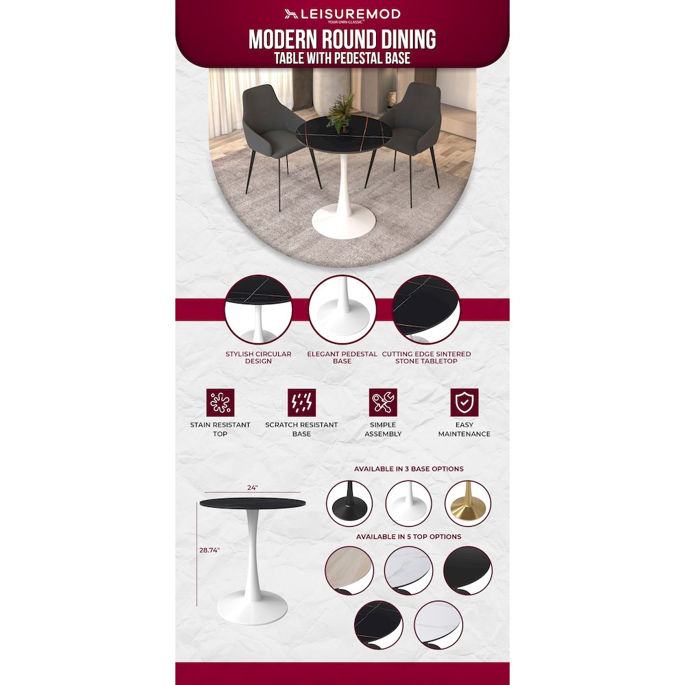 Bristol 24 round dining table White base with Black Sintered stone Top