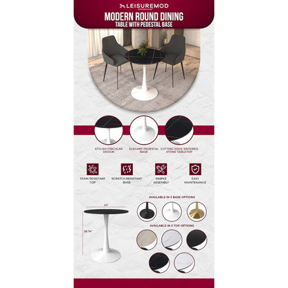 Bristol 24 round dining table White base with Black Sintered stone Top