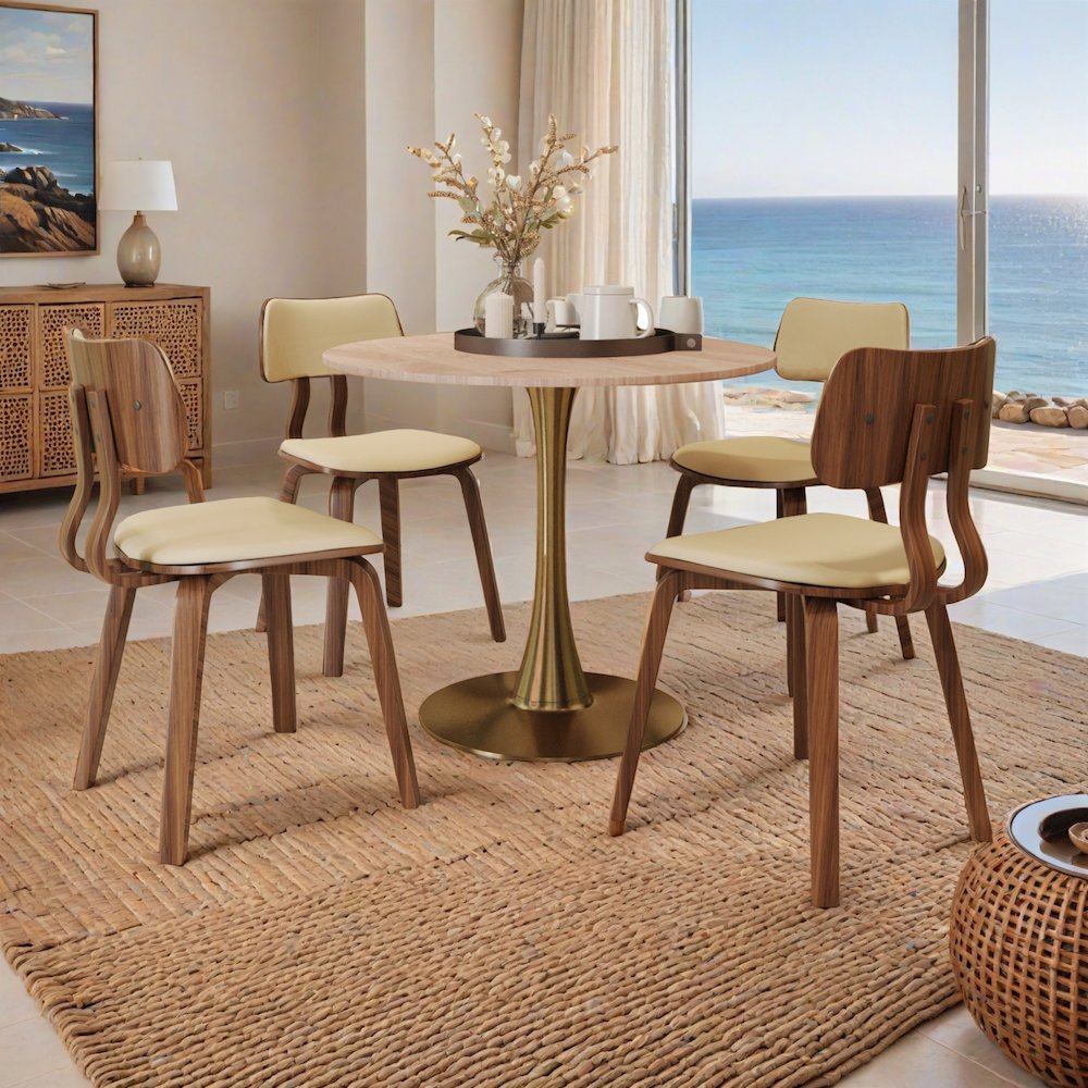 Bristol 27" Round Dining Table Gold Base with Sintered Stone Natural Wood Top