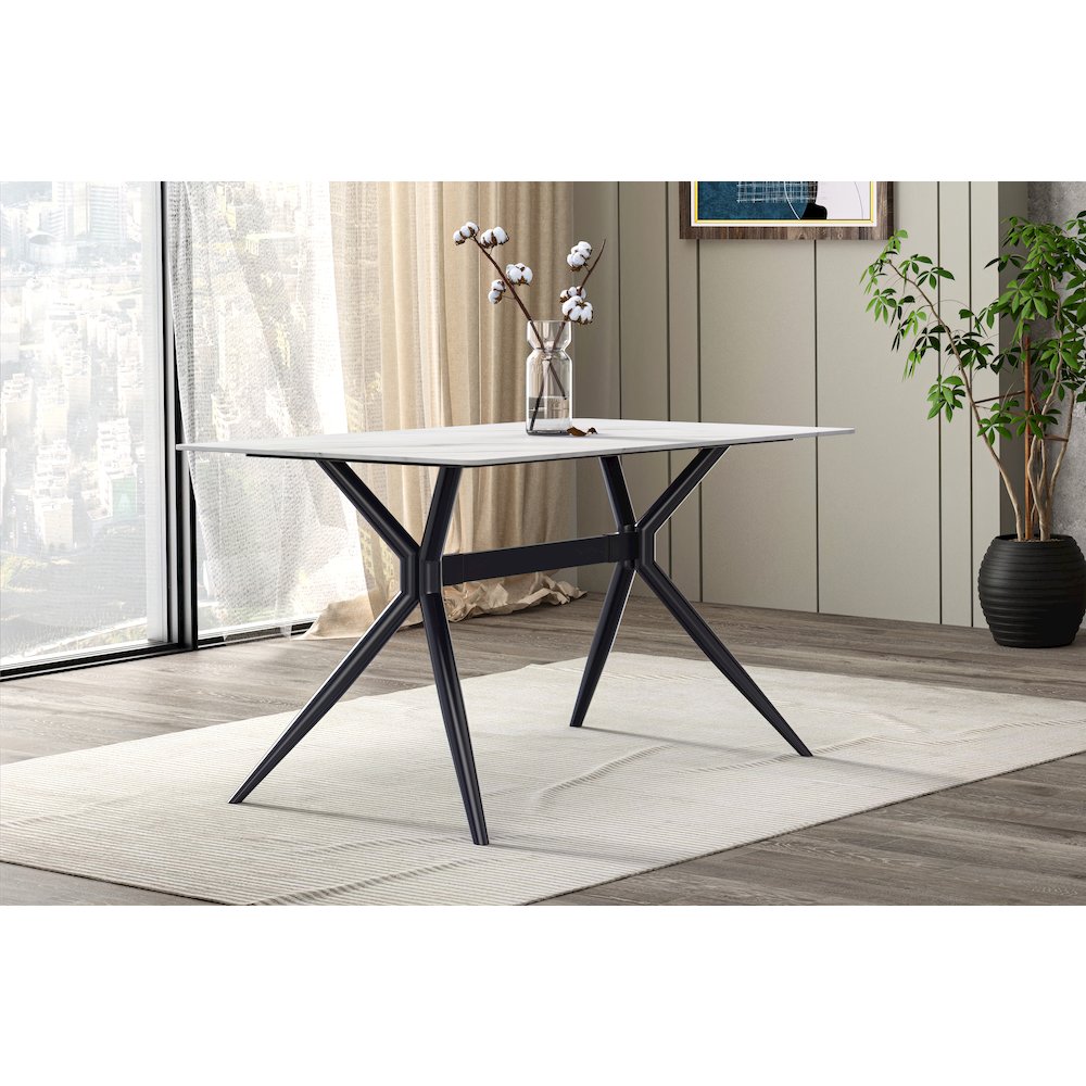 Elega Series Black Carbon Steel Dining Table 62 With White Sintered Stone Top