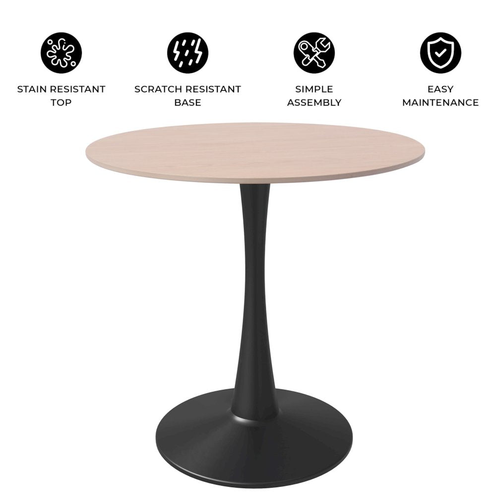 Bristol 27" Round Dining Table Black Base with Sintered Stone Natural Wood Top
