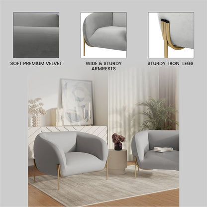 Zuno Collection Modern Single Seater Sofa in Light Grey Velvet