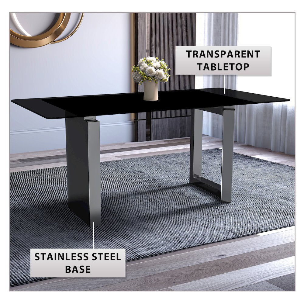 Astra Series Modern Dining Table Stainless Steel Base, With 55" Black Glass Top