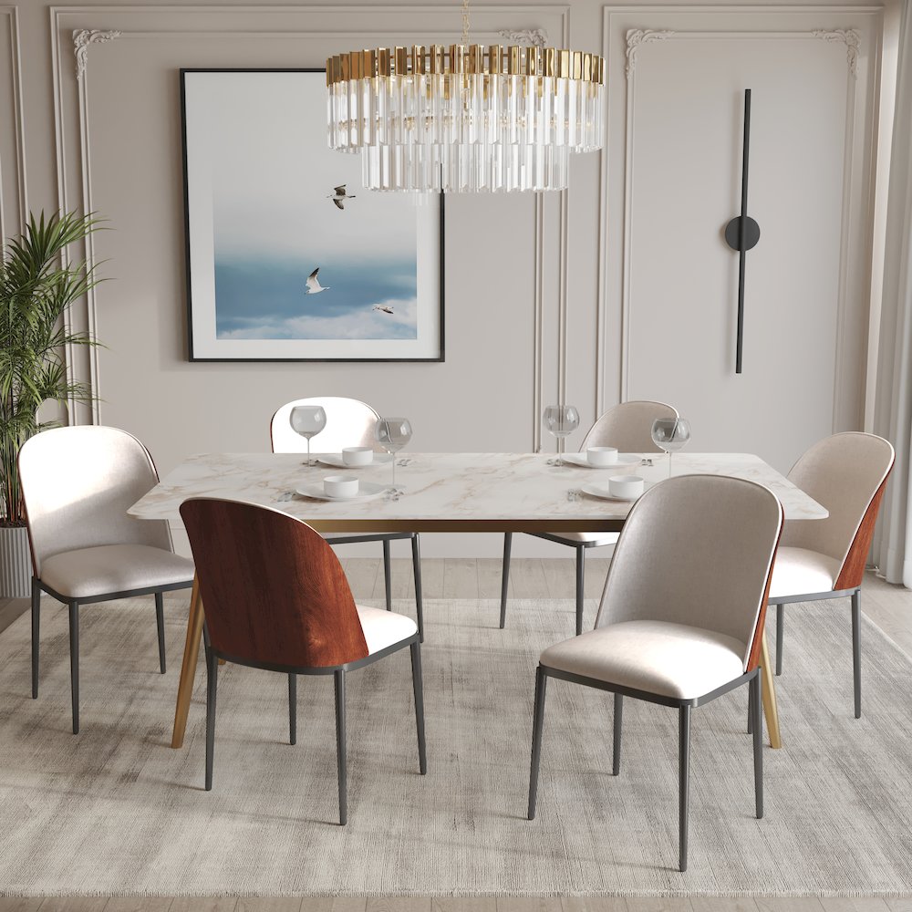 Zayle 7-Piece Dining Set with 55" Rectangular Dining Side Chair in Walnut/Beige