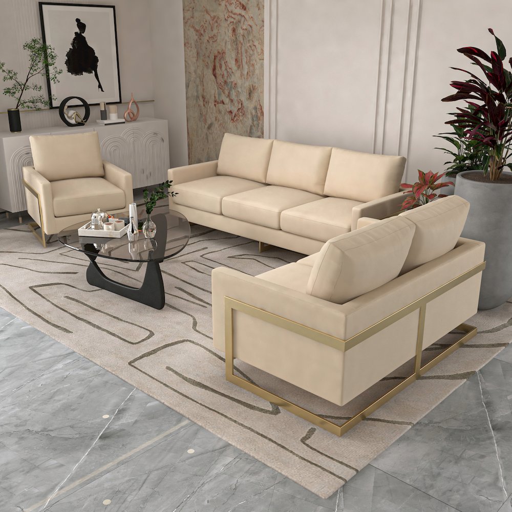 Lincoln Modern Mid-Century Upholstered Velvet Loveseat with Gold Frame