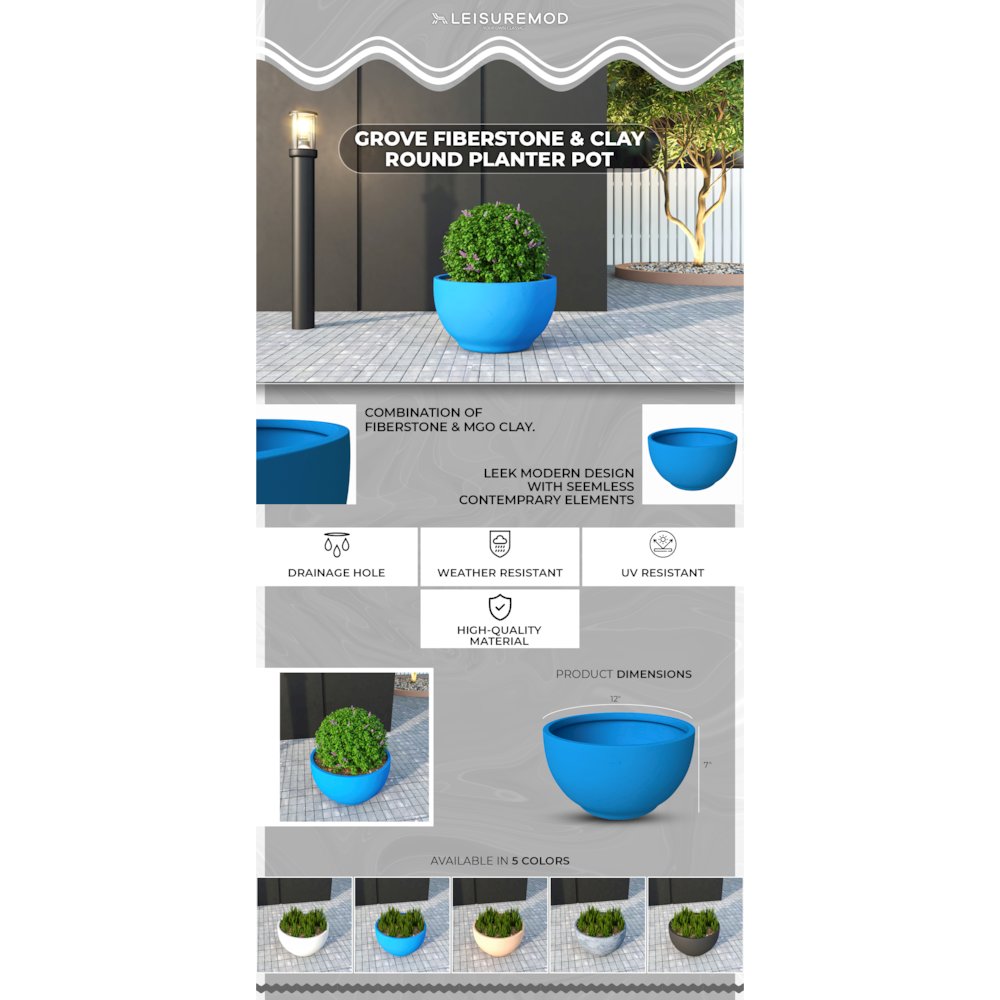 Grove Series Hemisphere Poly Clay Planter in Blue 12.4 Dia, 7.1 High