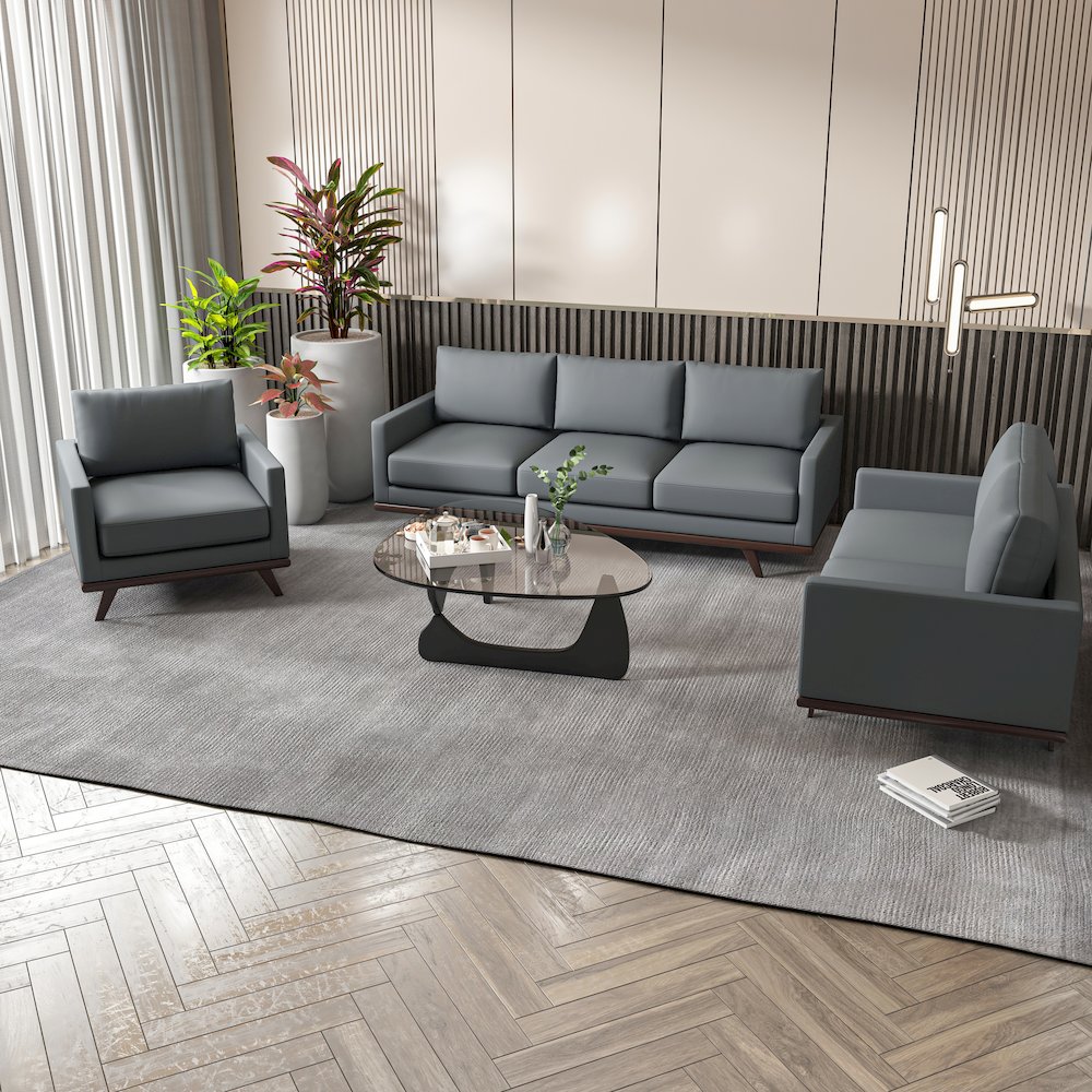 Chester 3-Piece Leather Living Room Sofa Set with Birch Wood Base Grey