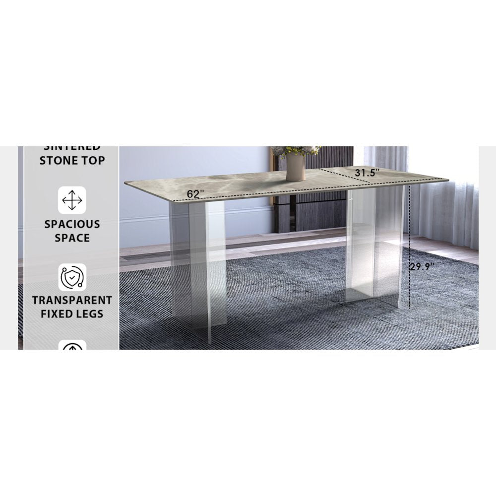 Kova Series Dining Table, Clear Base with 55" Deep Grey Sintered Stone Top