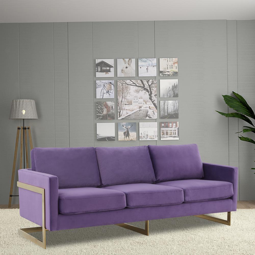 LeisureMod Lincoln Modern Mid-Century Upholstered Velvet Sofa with Gold Frame - Purple