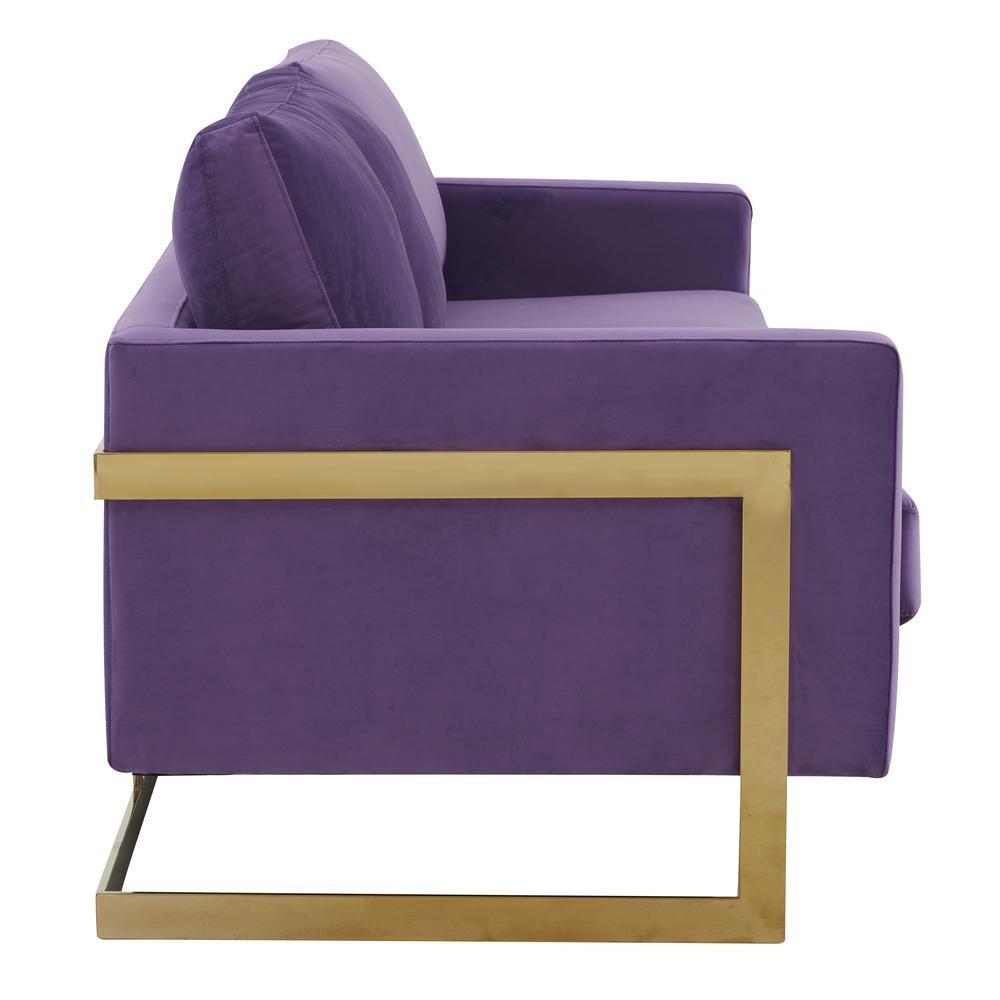 LeisureMod Lincoln Modern Mid-Century Upholstered Velvet Sofa with Gold Frame - Purple