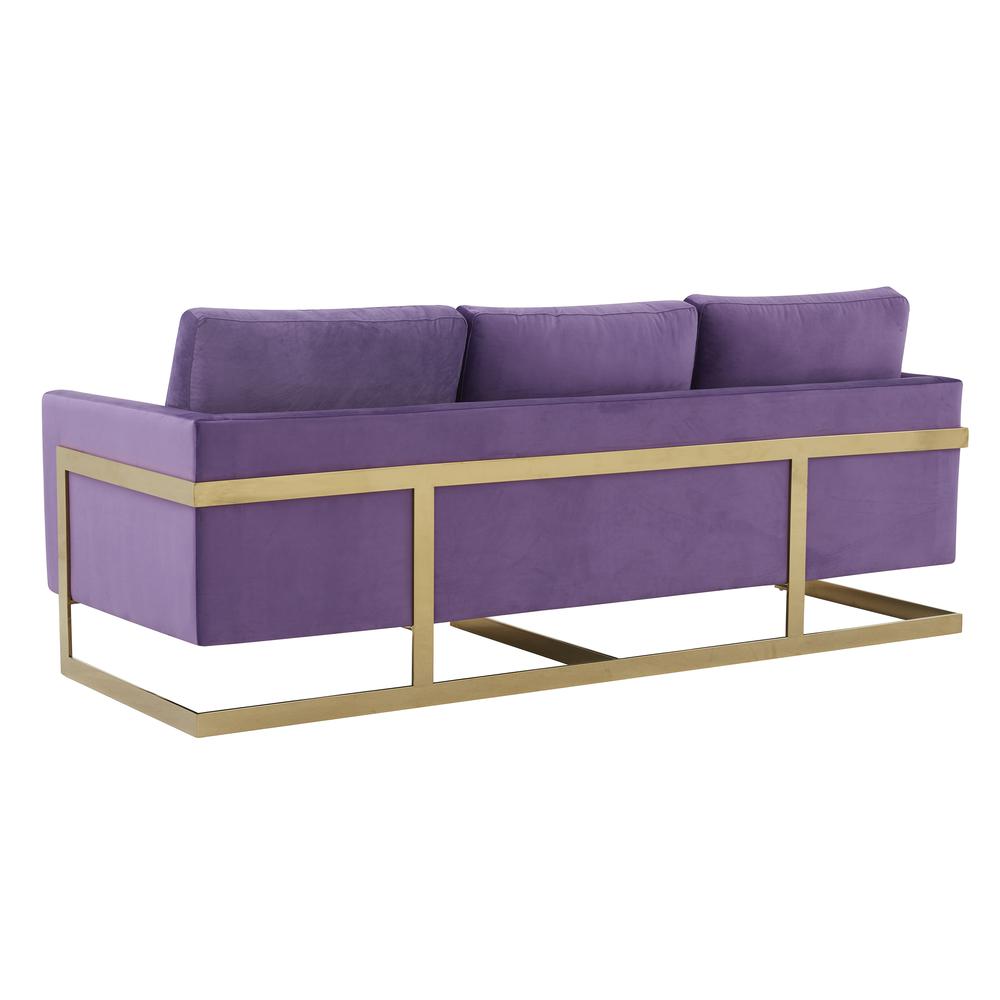 LeisureMod Lincoln Modern Mid-Century Upholstered Velvet Sofa with Gold Frame - Purple