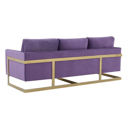 LeisureMod Lincoln Modern Mid-Century Upholstered Velvet Sofa with Gold Frame - Purple