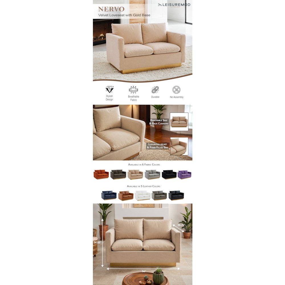 Nervo Modern Mid-Century Upholstered Velvet Loveseat with Gold Frame