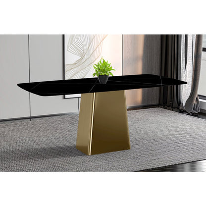 Quinix Series Dining Table, Gold Base With 55" Black/Gold Sintered Stone Top