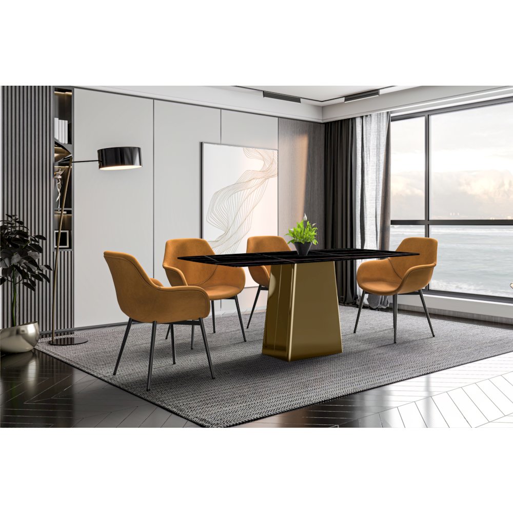 Quinix Series Dining Table, Gold Base With 55" Black/Gold Sintered Stone Top