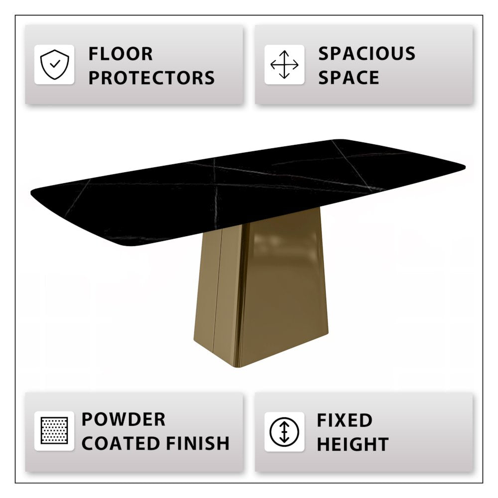 Quinix Series Dining Table, Gold Base With 55" Black/Gold Sintered Stone Top