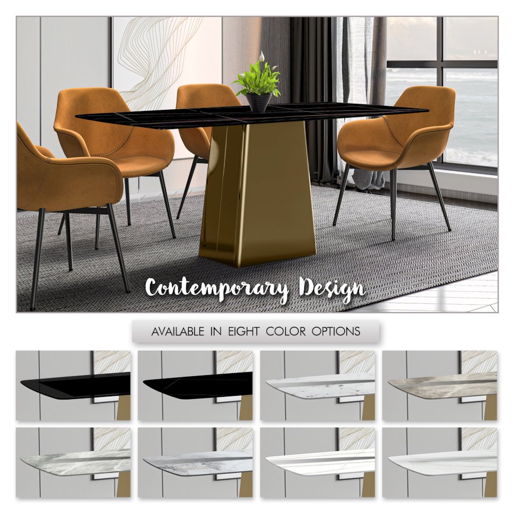 Quinix Series Dining Table, Gold Base With 55" Black/Gold Sintered Stone Top
