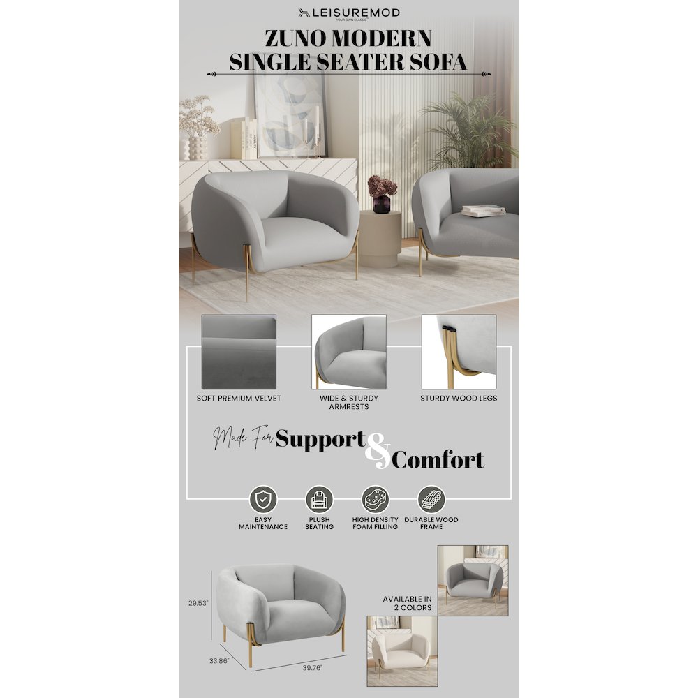 Zuno Collection Modern Single Seater Sofa in Light Grey Velvet