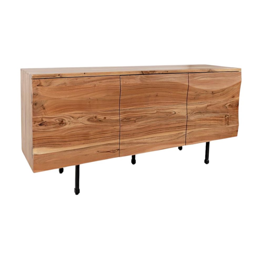 Brown Acacia Three-Door Accent Cabinet with Metal Base for Living Room Storage
