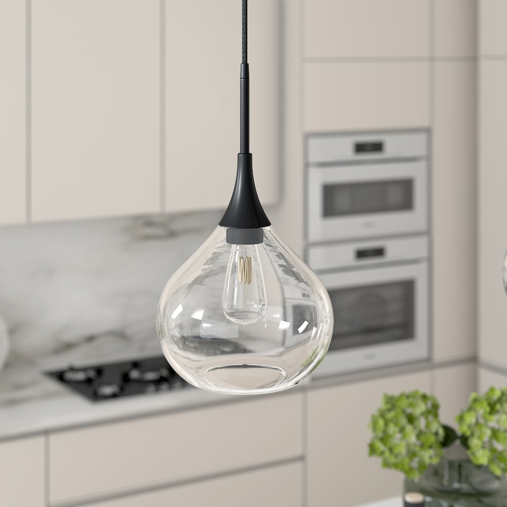 9" Mid-Century Pendant Light Fixture with Glass Shade and 8' Cord, Flat Black