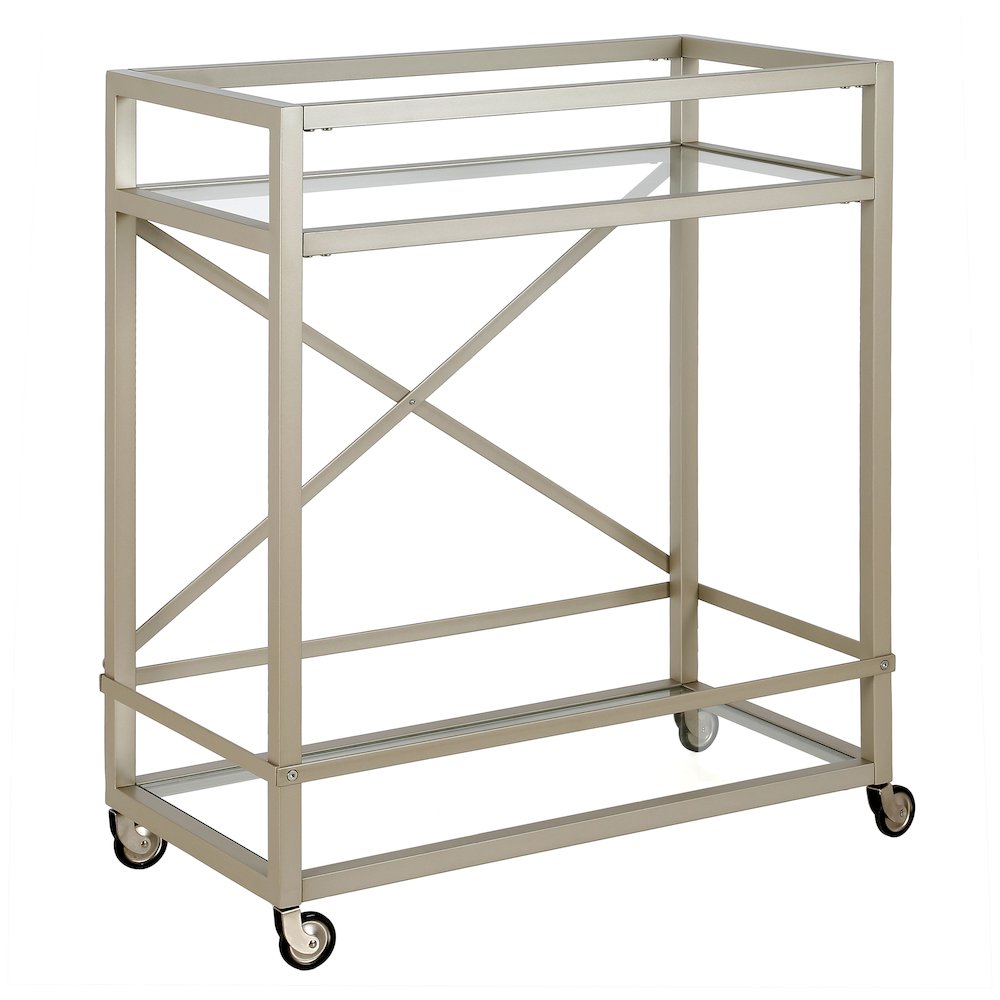 30'' 2-Tier Portable Bar Cart with Glass Shelves and Caster Wheels, Satin Silver
