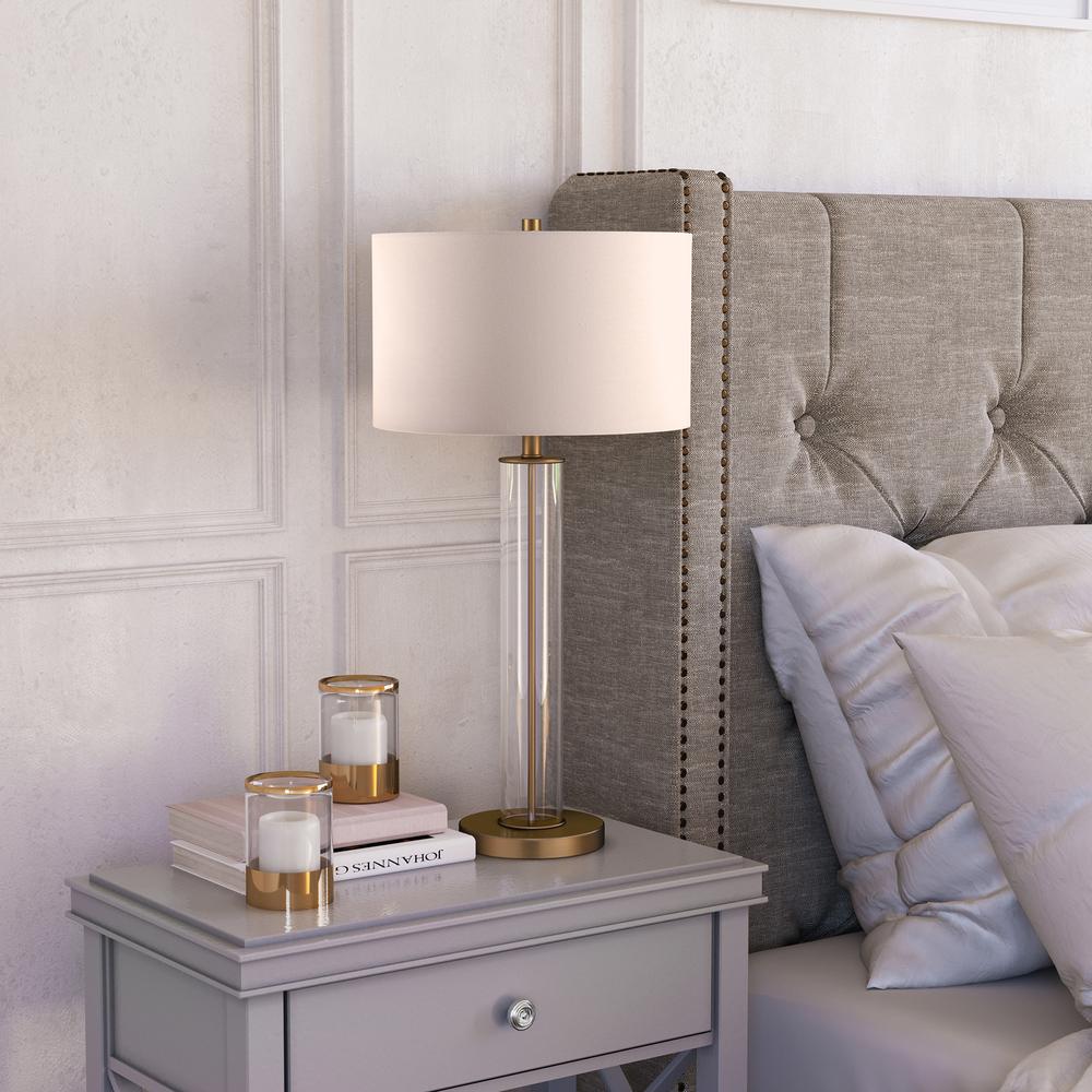 Harlow 29" Tall Table Lamp with Fabric Shade in Clear Glass/Brass/White