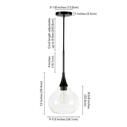 9" Mid-Century Pendant Light Fixture with Glass Shade and 8' Cord, Flat Black