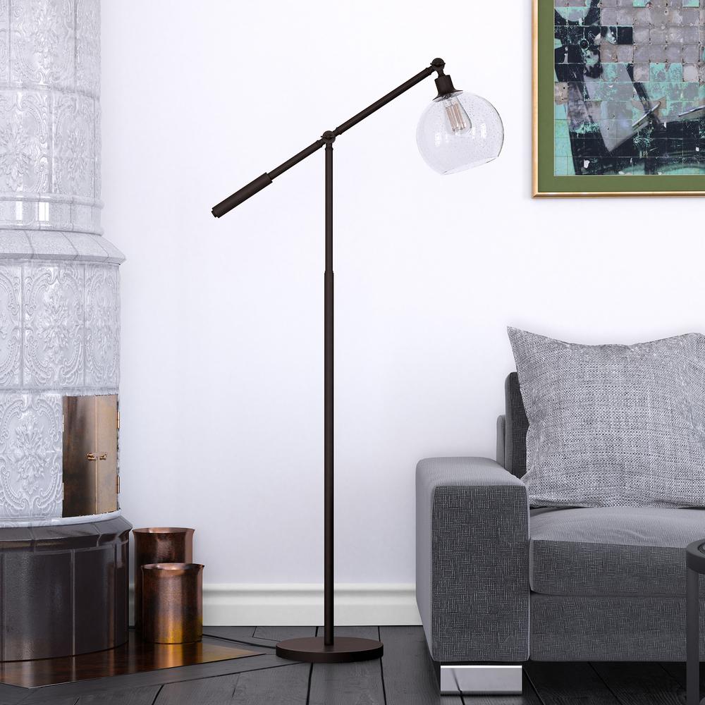 Dardan 60.62" Tall Floor Lamp with Glass Shade in Blackened Bronze/Seeded