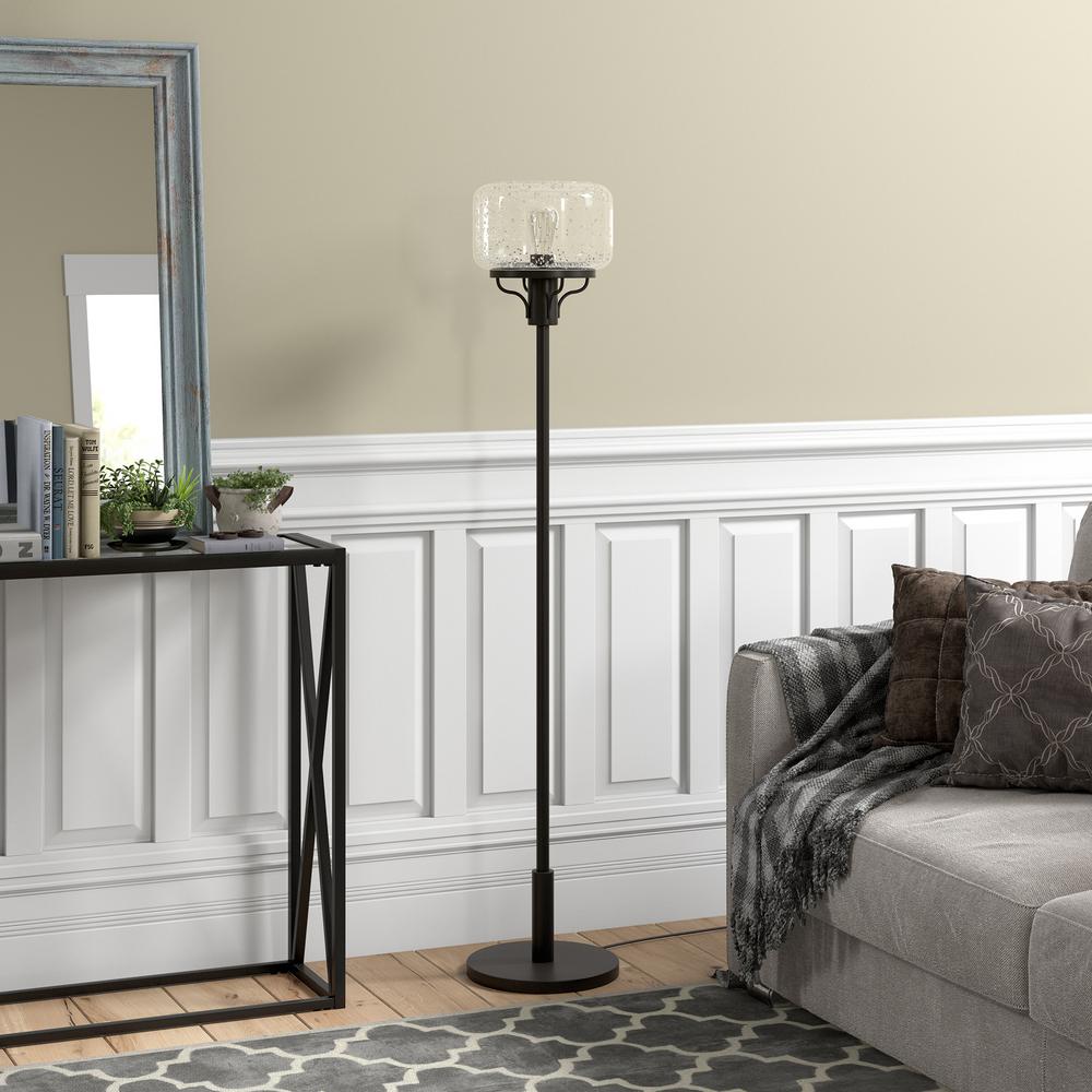Tatum Globe & Stem Floor Lamp with Glass Shade in Blackened Bronze/Seeded