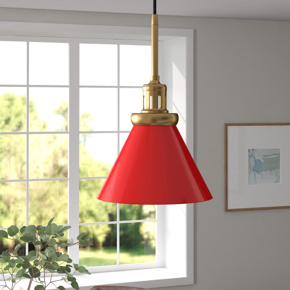 Zeno 8.5" Wide Pendant with Metal Shade in Poppy Red/Brass/Poppy Red
