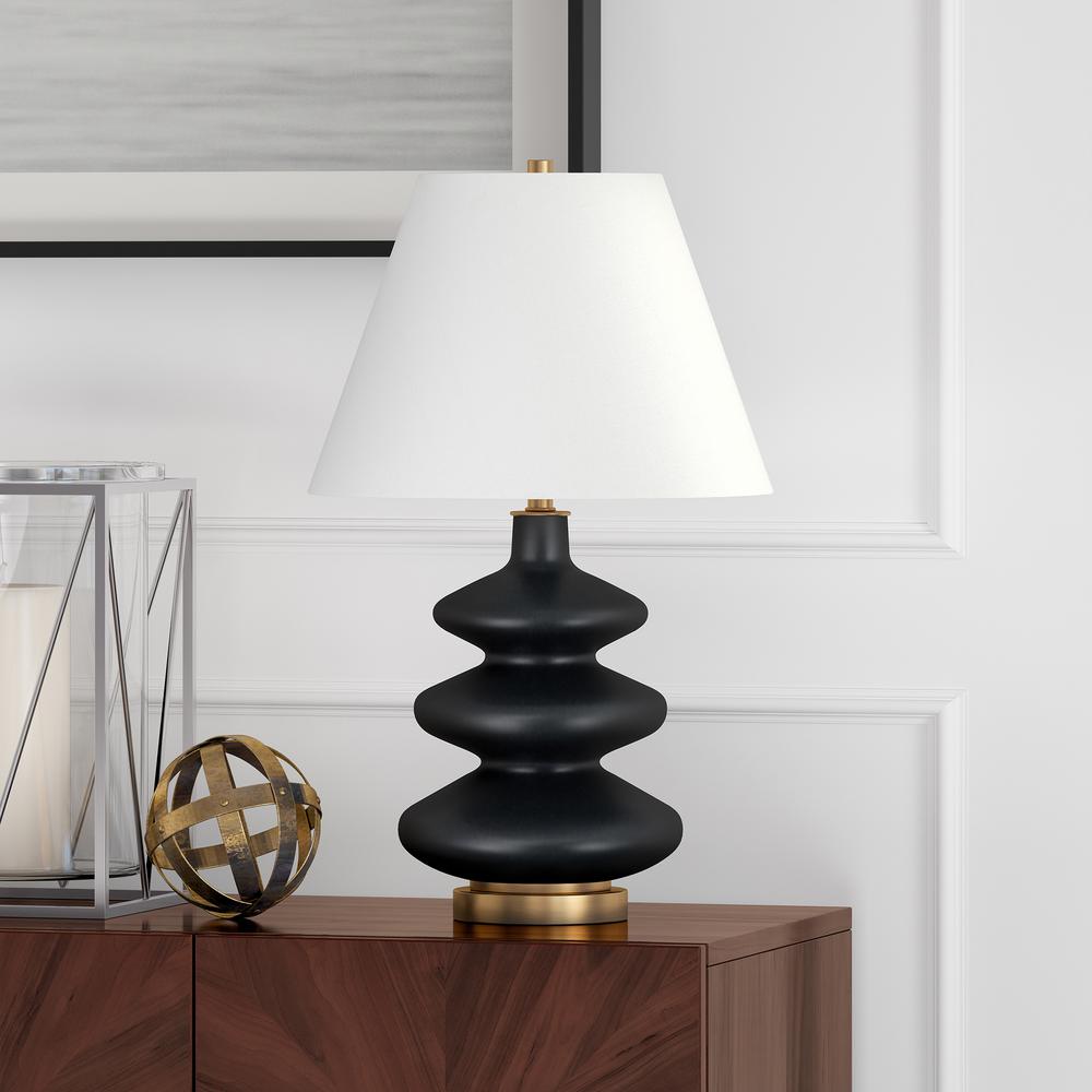 Carleta 26.5" Tall Triple Gourd Table Lamp with Fabric Shade in Matte Black/White