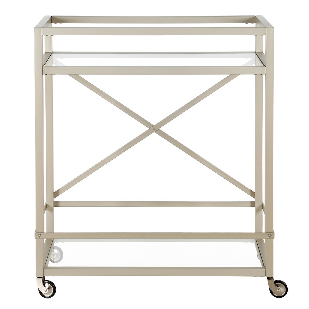 30'' 2-Tier Portable Bar Cart with Glass Shelves and Caster Wheels, Satin Silver